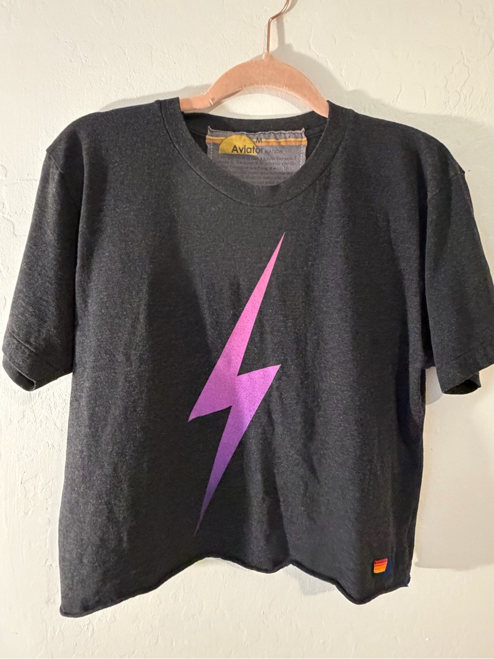 Aviator Nation Bolt Boyfriend Tee Charcoal Pink Purple Lightning Crop Shirt M